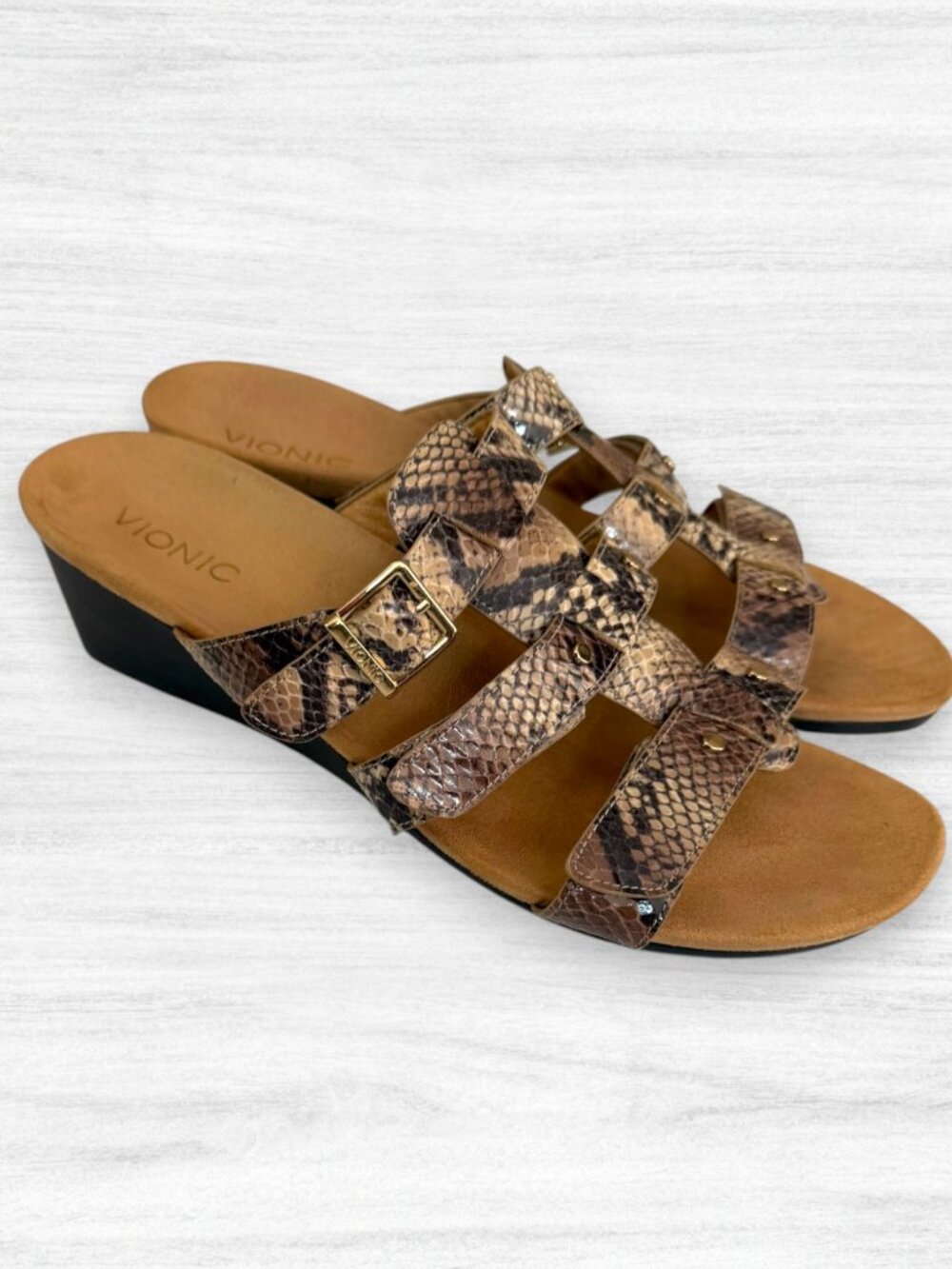 Vionic Radia Snakeskin Triple Strap Wedge Slide Sandals Gold Buckle 10 10.5